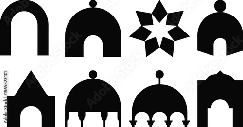 Collection of Islamic architectural silhouettes featuring mosque domes, arched doorways, oriental gates, and middle eastern design elements for religious events and cultural graphic projects.