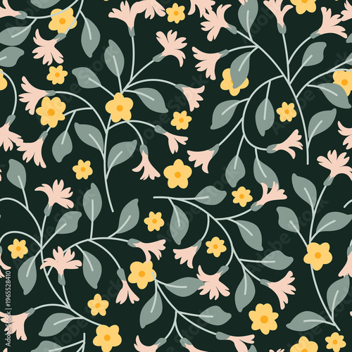 Seamless Botanical Pattern with Small yellow Flowers and Leaves on dark background