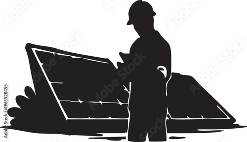 Solar Farm Worker Inspecting Panels Vector Silhouette