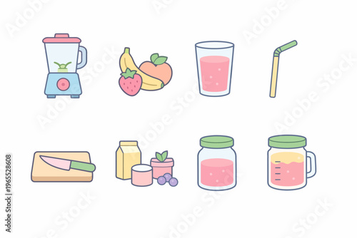 Smoothie making icons: blender, fruits, drink, straw, knife, ingredients, jars
