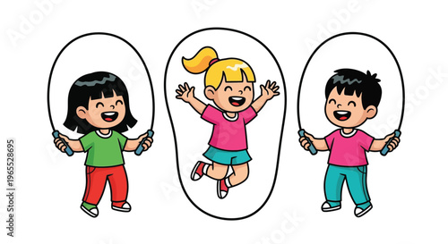 Three cheerful children happily jumping rope during playtime outdoors