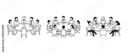 Business Professionals Collaborating at a Round Table Meeting, Minimalist Flat Design Vector Illustration.