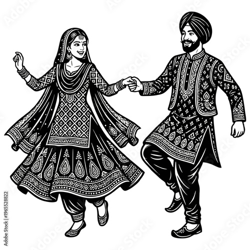 Joyful Indian couple in traditional attire, a man and woman, perform a lively folk dance, holding hands in a celebratory cultural vector graphic.