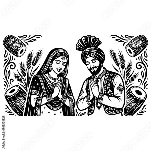 Illustrative vector graphic of a traditional Punjabi couple in ornate ethnic attire, respectfully performing the Namaste gesture, symbolizing culture and hospitality.
