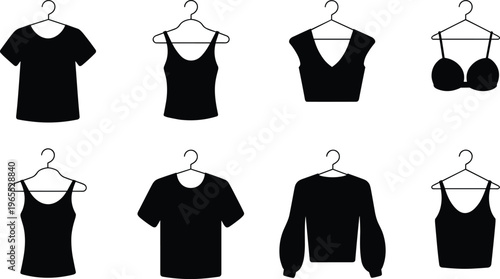 Clothing silhouette illustration collection, eight garments on hangers including t-shirts, tank tops, cropped tops, bras, and sweaters, fashion apparel theme, vector art, black isolated bold design