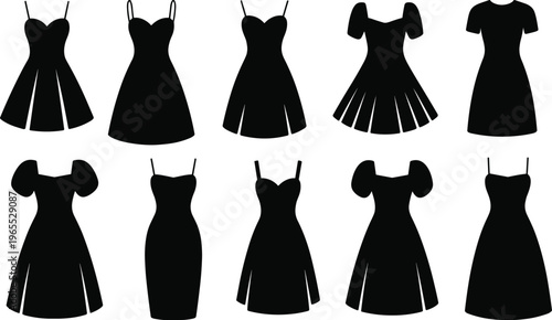 Dress silhouette illustration collection, ten distinct fashion designs with varied sleeves, necklines, and skirt shapes, apparel theme, vector art, black isolated bold design