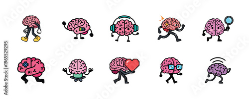 A collection of cartoon brains running and performing various actions with different expressions and accessories on a white background with black outlines.