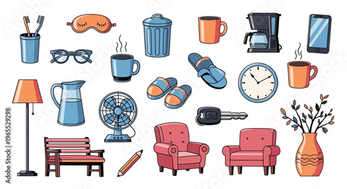 Colorful illustration depicting various everyday household objects and furniture