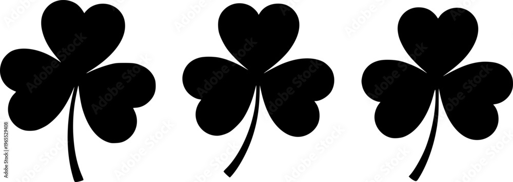Obraz premium Set of three black silhouettes of clovers (shamrock). Vector illustration.