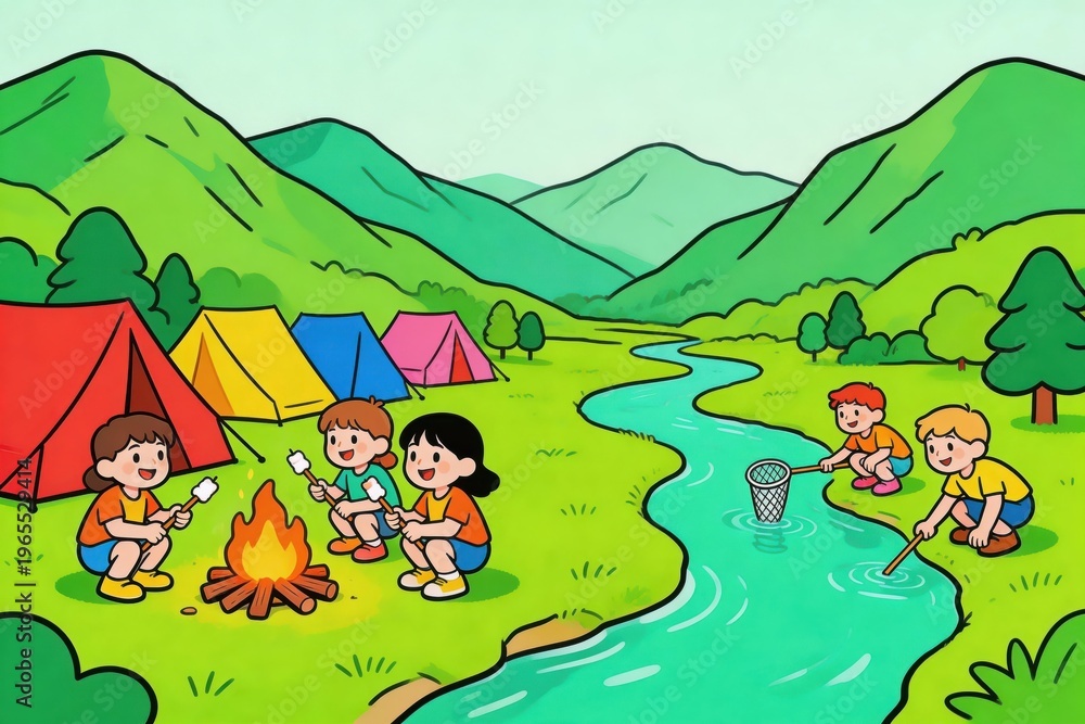 Obraz premium Children Camping by River with Campfire and Tents
