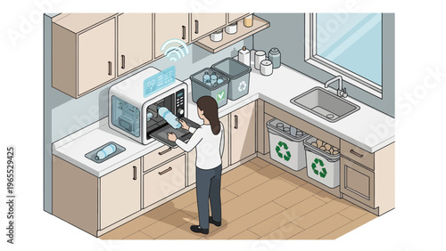 Woman using kitchen recycling bin.