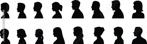 Human head silhouette illustration collection, fourteen diverse profiles with varied hairstyles and shapes, people portrait theme, vector art, black isolated bold design
