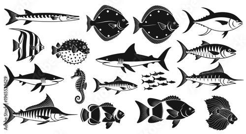 Collection of various fish species silhouettes.