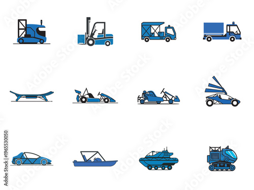 flat design vector set of various transportation vehicles on white background
