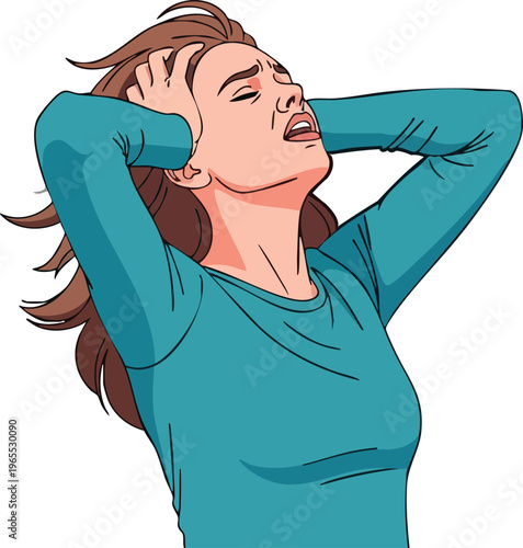 Realistic woman leaning back, clutching her head in a white background