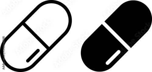 Two different types of capsule pills displayed side by side in black and white.