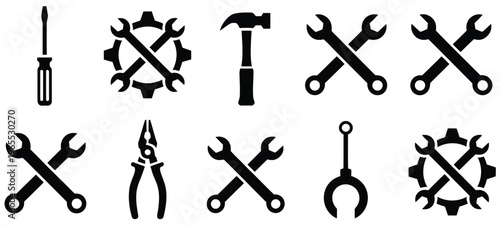 Tools, repair vector icon set with silhouette style wrench, screwdriver, hammer, and gear icons, representing maintenance service and industrial repair, clean modern