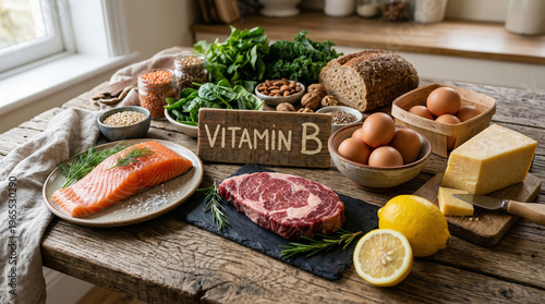 Flat lay of raw foods rich in B vitamins on a rustic wooden background; featuring fresh salmon fillet, beef meat, eggs, cheese, and lemon with a 