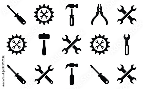Tools, and repair icon set featuring wrench, screwdriver, hammer, and gear symbols, isolated silhouette collection for maintenance, industry, and service concept, modern flat vector