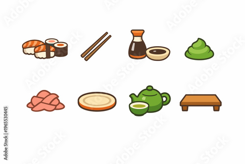 Japanese cuisine icons: sushi, soy sauce, wasabi, chopsticks, tea set