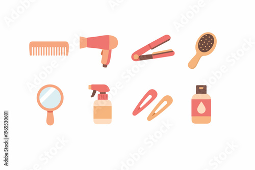 Hair care icons: comb, hairdryer, flat iron, brush, mirror, spray, clips, shampoo