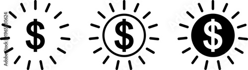 Three distinct dollar sign icons radiating with varying sunburst effects