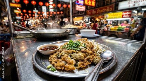 Crispy Thai Oyster Omelette Hoy Tod on Street Food Cart