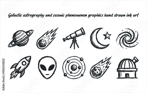 Galactic astrography and cosmic phenomenon graphics hand drawn ink art