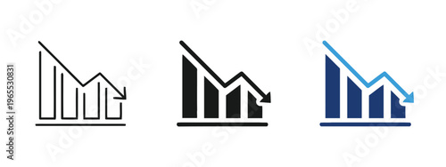 Three variations of a downward trending bar chart icon showing financial loss and market decline isolated on white background, Vector, illustration