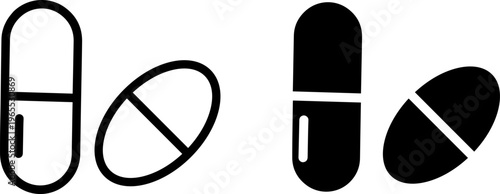 Comparison of capsule and tablet pill designs in black and white contrast