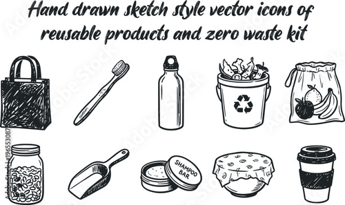 Hand drawn sketch style vector icons of reusable products and zero waste kit