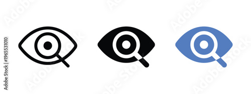 Three variations of an eye icon combined with a magnifying glass representing search or vision isolated on white background, Vector, illustration