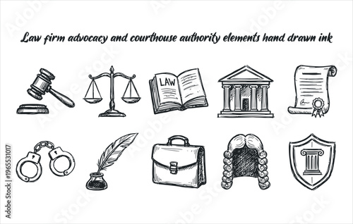 Law firm advocacy and courthouse authority elements hand drawn ink