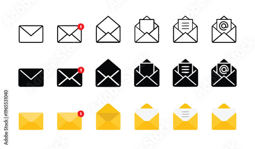 A comprehensive collection of diverse email envelope icons in various styles and color formats isolated on white background, Vector, illustration