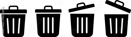 Four trash bins with various lid designs shown in a row for comparison