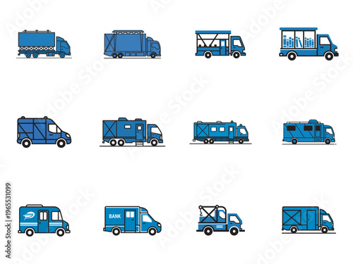 set of twelve blue commercial and service vehicles vector icons isolated