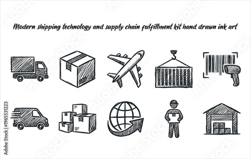 Modern shipping technology and supply chain fulfillment kit hand drawn ink art