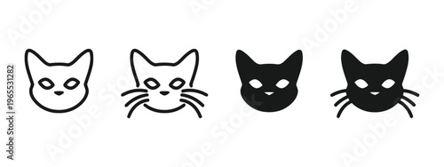 A collection of four simple cat head icons shown in both outline and solid black style designs. isolated on white background, Vector, illustration