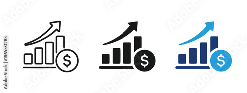 Three variations of a financial growth chart icon showing a bar graph with an upward trend arrow. isolated on white background, Vector, illustration