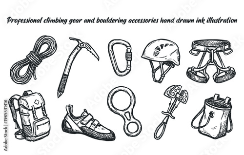 Professional climbing gear and bouldering accessories hand drawn ink illustration