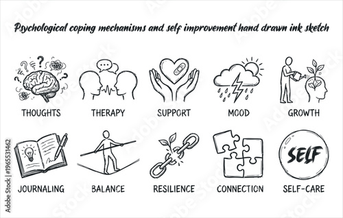 Psychological coping mechanisms and self improvement hand drawn ink sketch