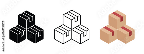 Three stacked cardboard boxes shown in solid black outline and colored isometric icon variations isolated on white background, Vector, illustration