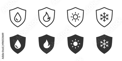 A set of shield icons representing protection against water fire sun and cold weather elements. isolated on white background, Vector, illustration