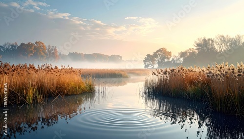A serene landscape captures a tranquil river winding through a misty marshland, bathed in the soft glow of the rising sun, creating a peaceful and picturesque scene.