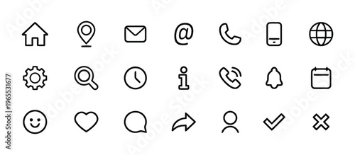 A comprehensive set of simple black line icons representing common user interface navigation tools isolated on white background, Vector, illustration