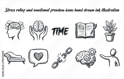 Stress relief and emotional freedom icons hand drawn ink illustration