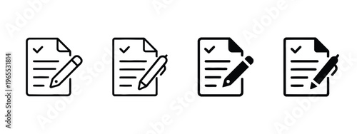 A set of four minimalist document icons featuring a checkmark and a pen for editing tasks usage isolated on white background, Vector, illustration