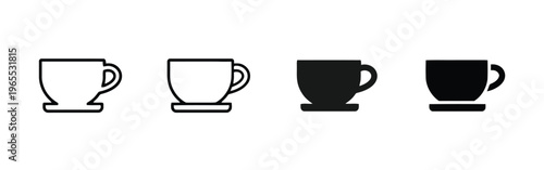 A collection of four simple black and white coffee cup icons presented in different design styles isolated on white background, Vector, illustration