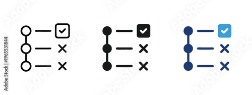 A set of three task list icons featuring circular nodes linked to check and cross mark symbols. isolated on white background, Vector, illustration