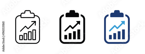 A set of three clipboard icons showing a rising graph to represent business growth and data report isolated on white background, Vector, illustration